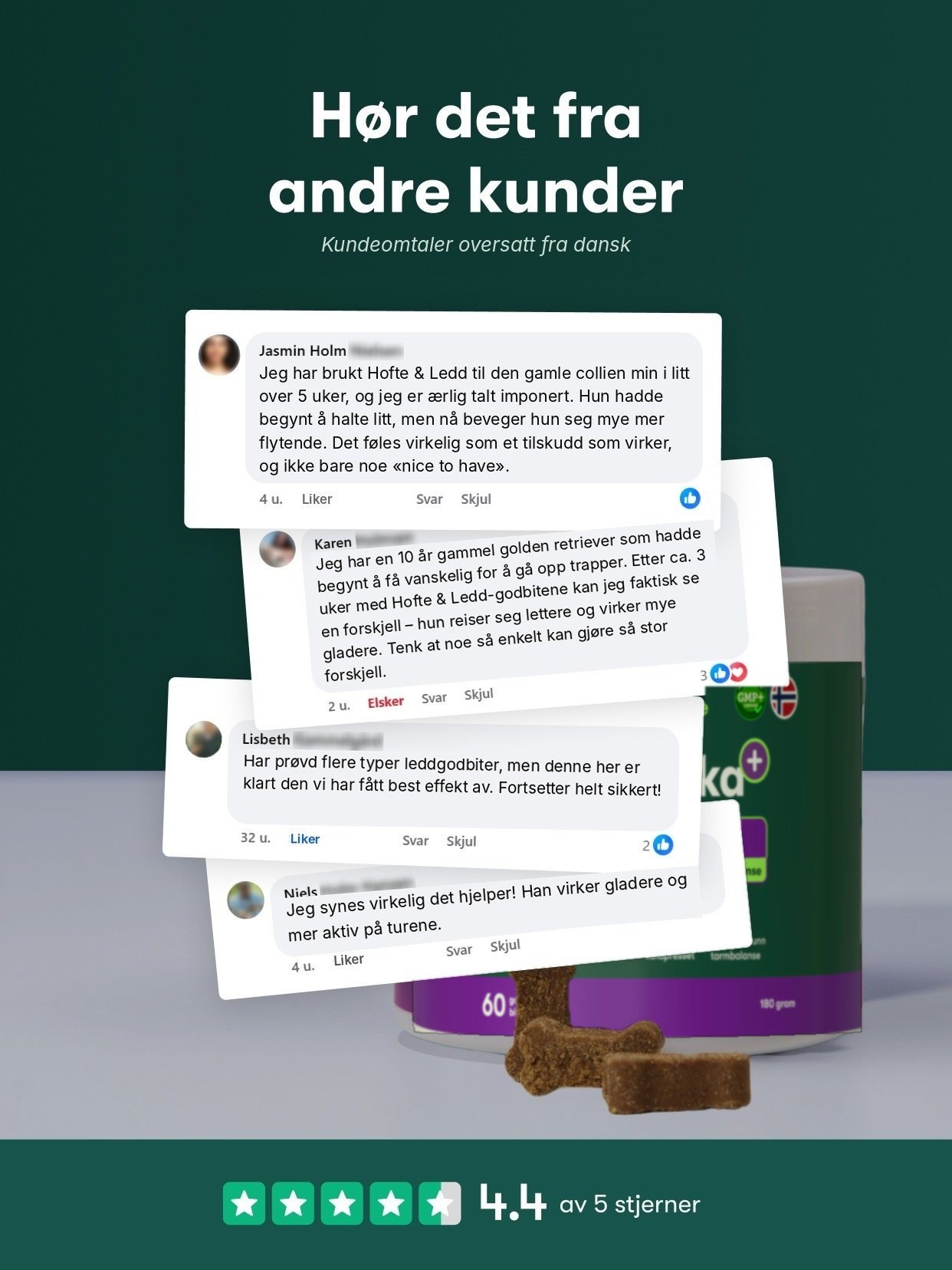 Kundeanmeldelser af ledtilskud til hunde, produktdåse med godbidder og 4,4 ud af 5 stjerner