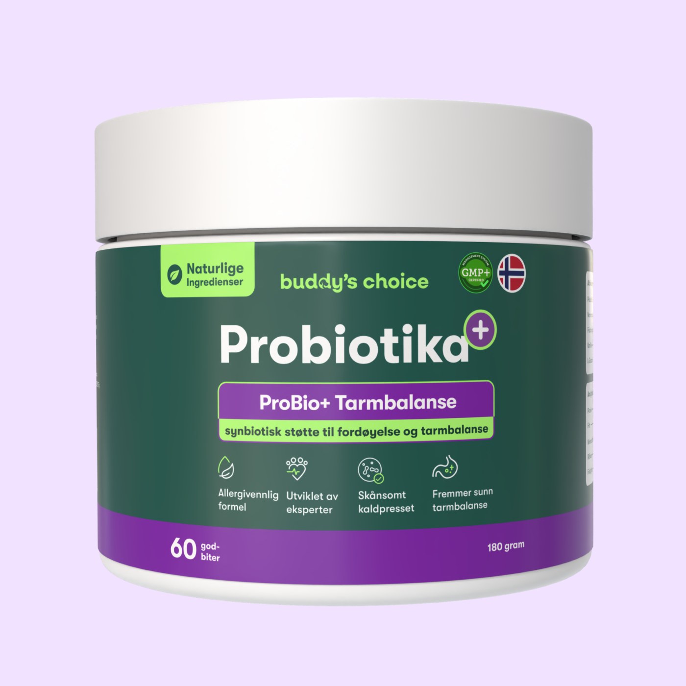 Beholder med Buddy's Choice Probiotika ProBio+ Tarmbalance, grøn-lilla etiket, 60 godbidder
