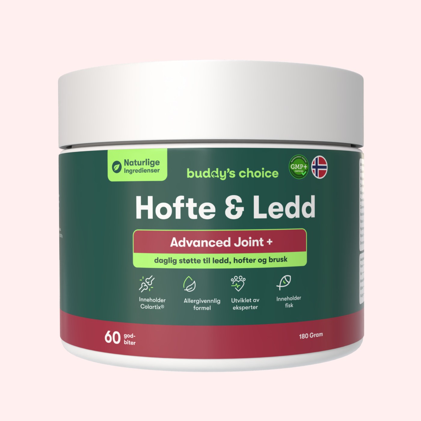Hvid krukke med grøn etiket: Hofte & Led Advanced Joint+ kosttilskud, 60 godbidder, naturlige ingredienser