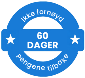 Blåt segl med 60 DAGE i midten og teksten Ikke godt, pengene tilbage rundt om
