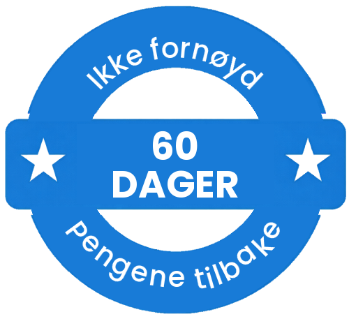 Blåt segl med 60 DAGE i midten og teksten Ikke godt, pengene tilbage rundt om