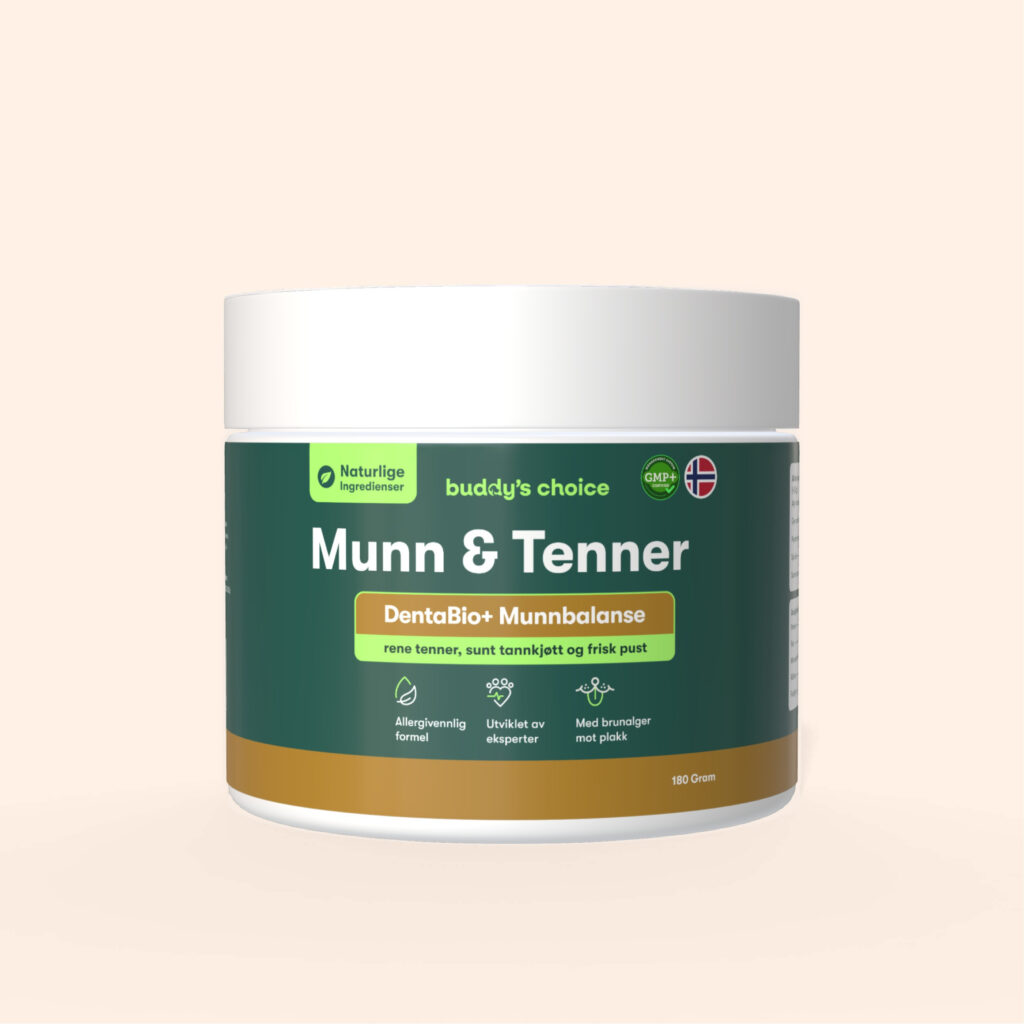 Buddys Choice Mund & Tænder krukke 180 g, grøn etiket med tekst om rene tænder og frisk ånde
