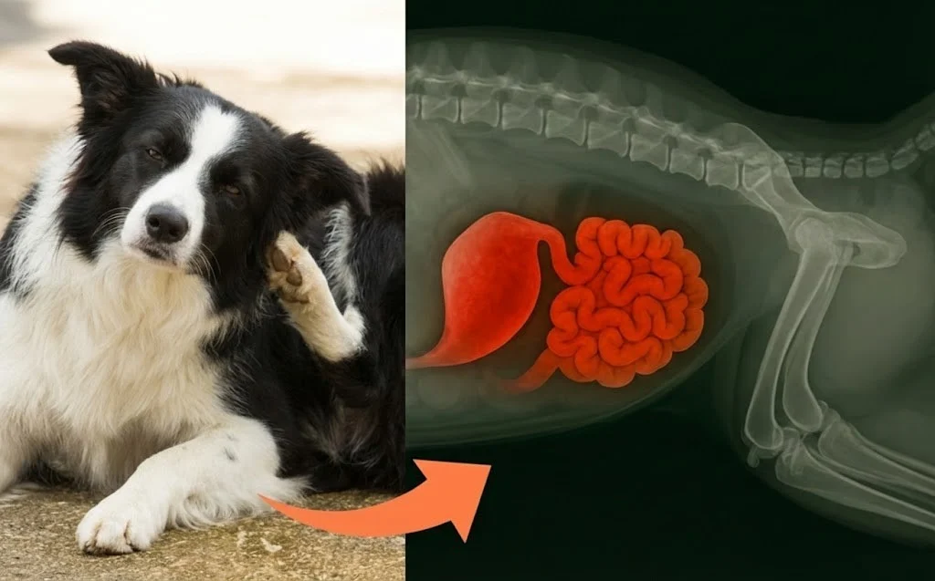 Border collie kradser øre ved siden af røntgen af hunds mave-tarm med pil