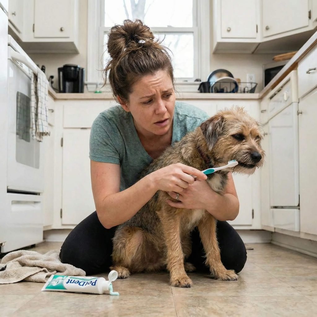 Kvinde knæler i køkken og børster en modvillig hunds tænder, tandpasta tube liggende på gulvet