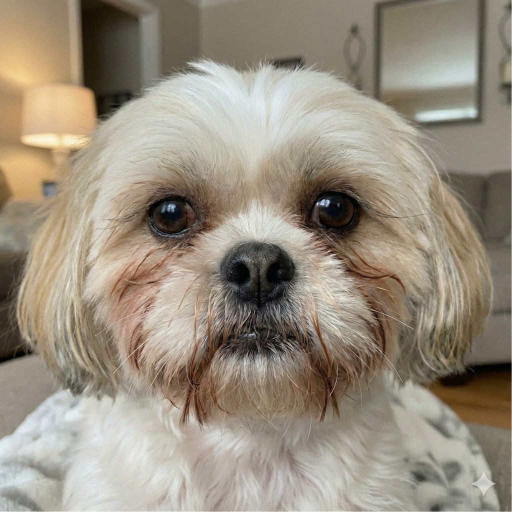 Nærbillede af lille Shih Tzu med brune tårepletter rundt om øjne og snude