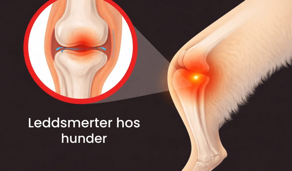 Hundeben med fremhævet knæled i inflammation og indzoomet illustration af slid i ledbrusk