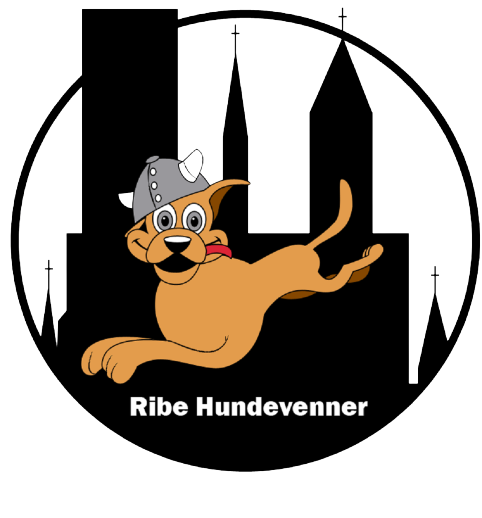 Ribe Hundevenner-logo med springende hund i vikingehjelm foran Ribe kirke-silhuet