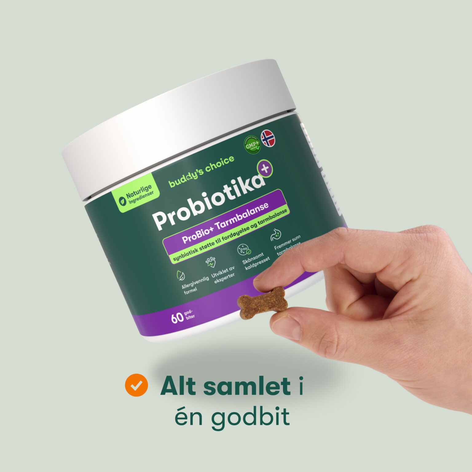 Hånd holder knogleformet godbid foran grøn Probiotika-beholder til kæledyr med synlig etiket