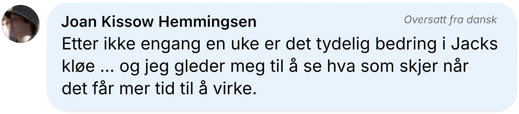 Profilkommentar på dansk om hurtig bedring i kløe efter under en uge, to 👍👍 og smil med hjerter