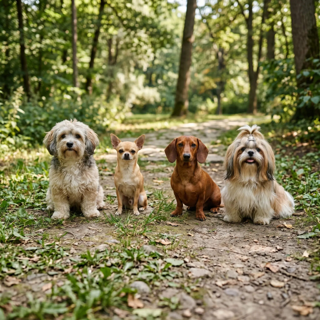 Fire små hunde (havaneser, chihuahua og gravhund) siddende på en skovsti