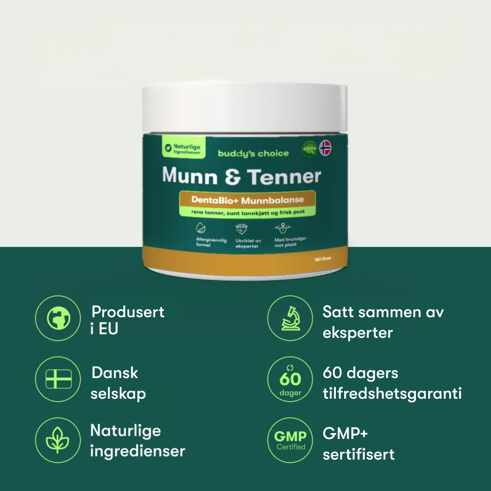 Mund & Tænder beholder med ikoner: produceret i EU, dansk virksomhed, naturlige ingredienser, 60 dages garanti, GMP+