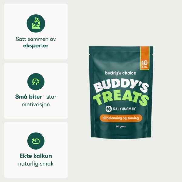 Grøn pose med Buddy's Treats hundegodbidder, kalkunsmag, tydelig orange 10 stk.-mærkat
