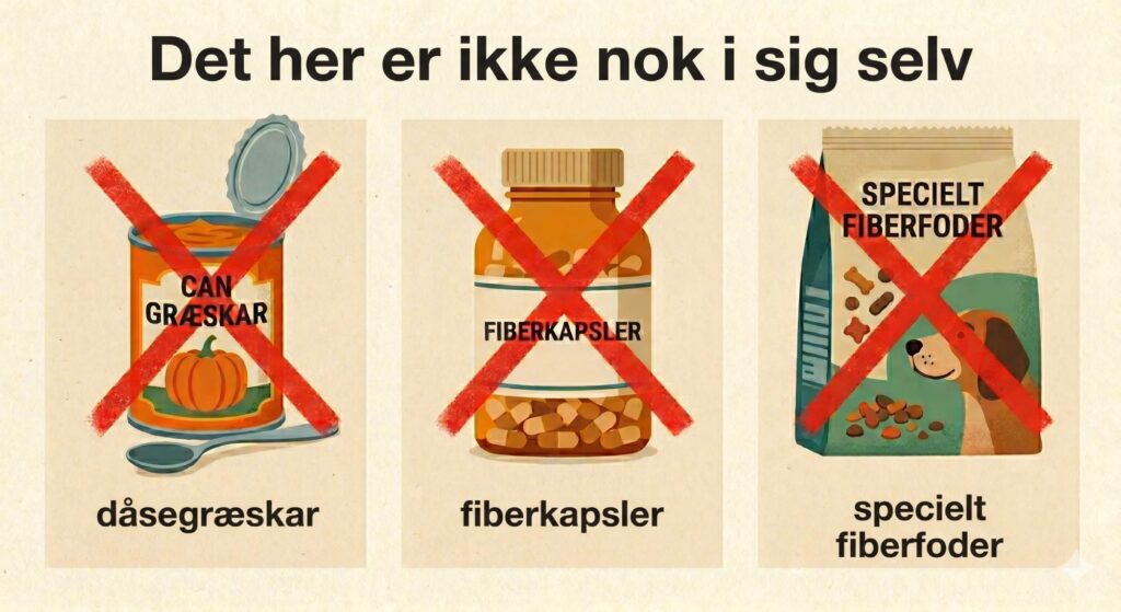 Tre krydsede forslag: dåsegræskar, fiberkapsler og specielt fiberfoder — ikke tilstrækkeligt alene