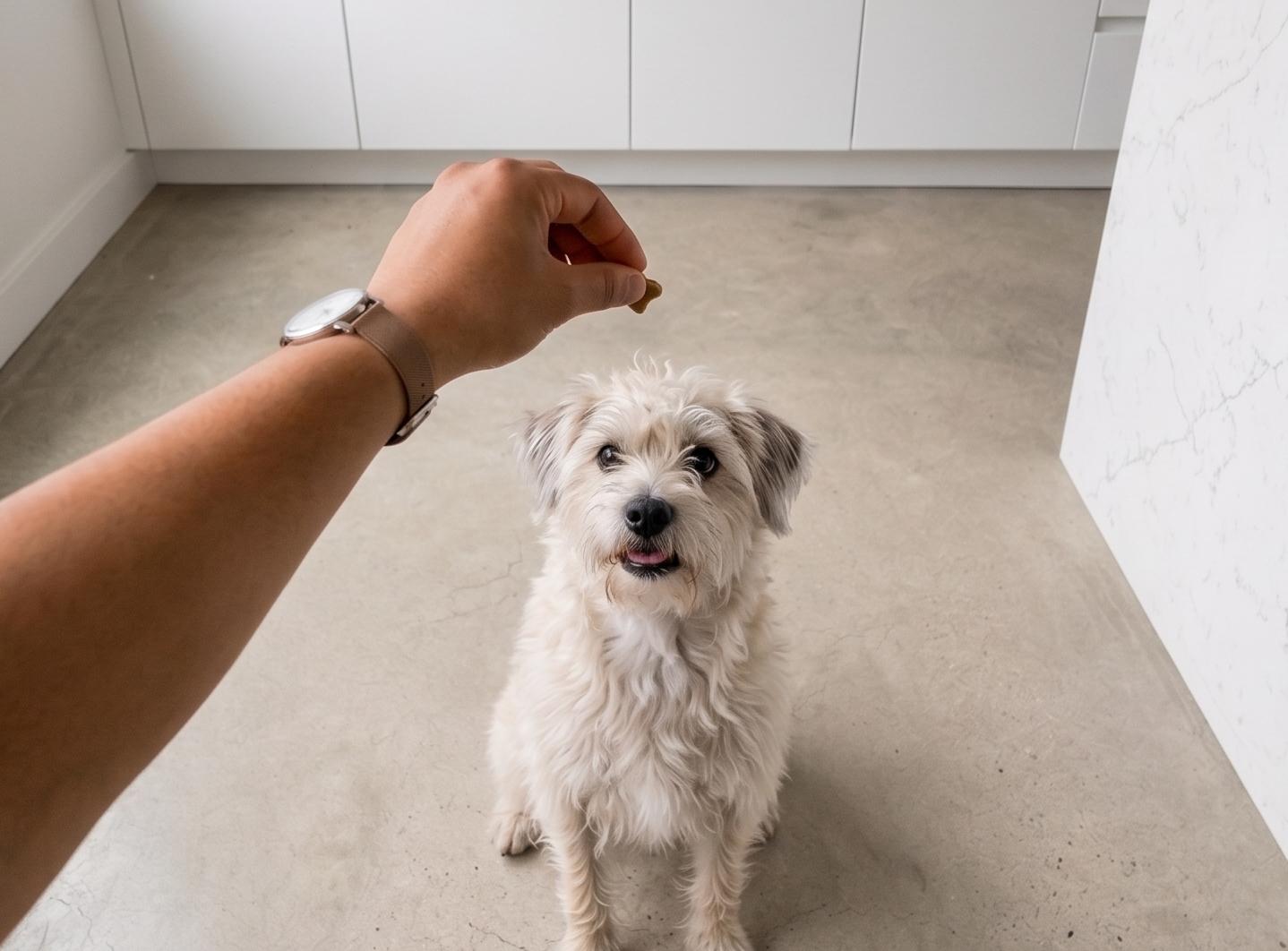 Lille hvid, krøllet hund sidder og ser op på en hånd med godbid i lyst køkken