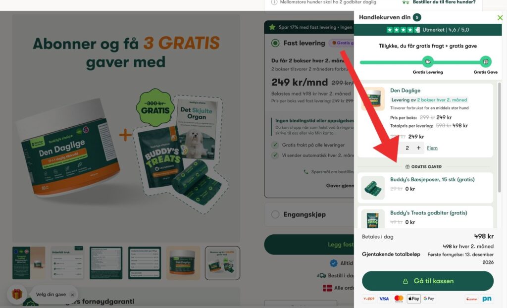 Kassen hos Buddy's Choice med abonnement og gratis Buddy's Treats-godbiter fremhevet med rød pil