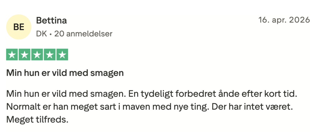 5-stjernet dansk anmeldelse: hund elsker smagen, forbedret ånde og ingen maveproblemer, meget tilfreds