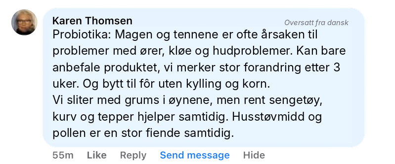 Kommentar om probiotika til kæledyr: markant forbedring af hud, ører og allergi-symptomer efter 3 uger