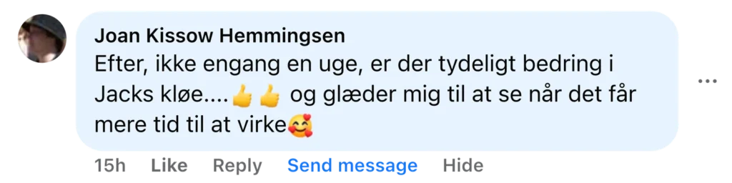 Facebook-kommentar fra kunde: Efter under en uge var Jacks kløe tydeligt bedre, tommel-op og kærlig emoji
