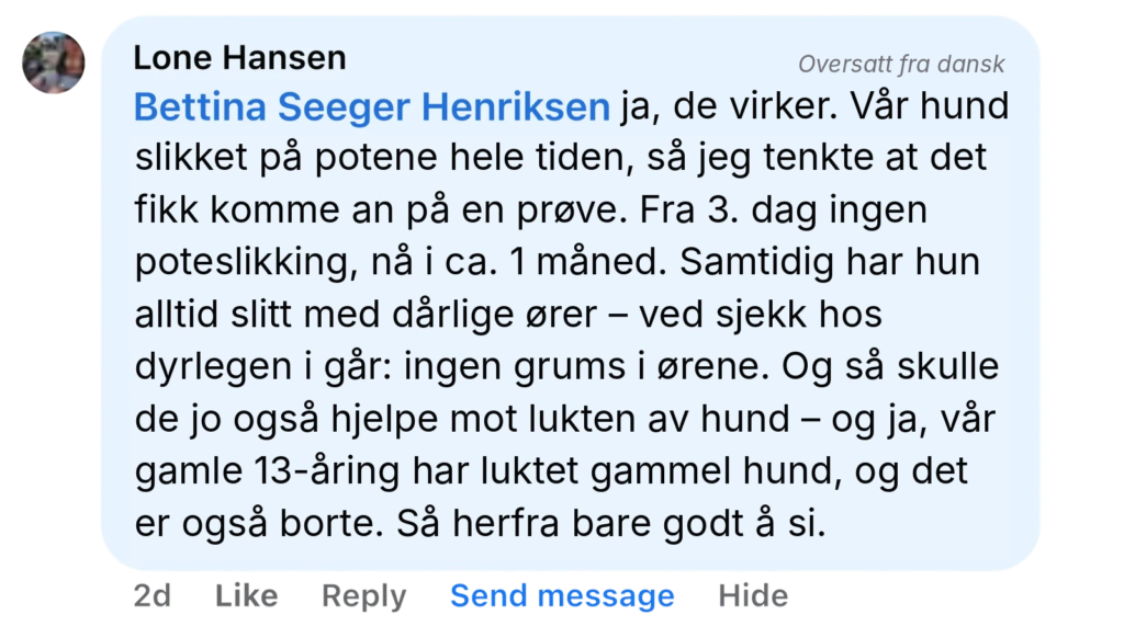 Kommentar fra bruger om probiotika til hund: mindre slikken, forbedrede ører, bedre lugt og positive resultater