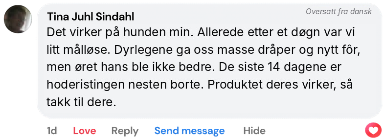 Brugeranmeldelse: hundens øreproblemer og hovedrysten bedret efter 14 dage, produkt virker