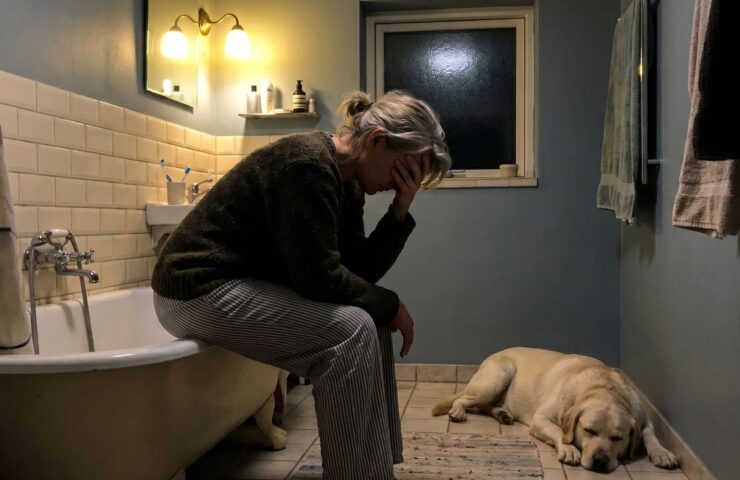 Kvinde sidder på badekant med hånden for ansigtet i dæmpet badeværelse, hund ligger træt på flisegulvet.