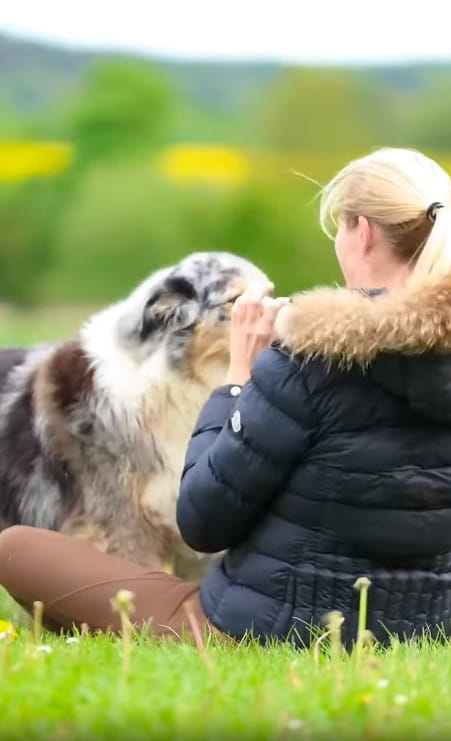 Kvinde sidder i græsset og kærtegner en stor langhåret hund i naturen