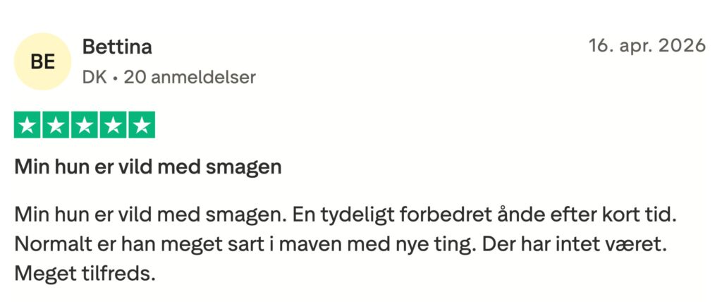 5-stjernet dansk anmeldelse med overskrift Min hun er vild med smagen, positiv om smag, forbedret ånde og ingen maveproblemer