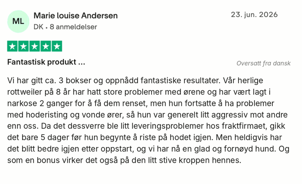 5-stjernet dansk kundeanmeldelse om produkt, der hjalp en 8-årig rottweiler med øreproblemer og stivhed.
