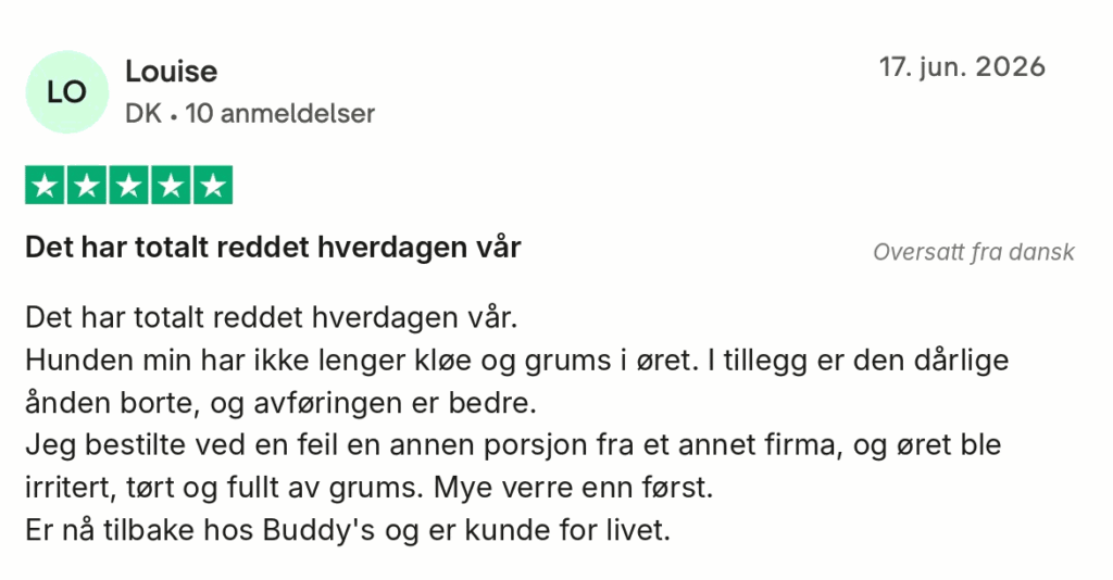 5-stjernet dansk kundeanmeldelse om hund: ingen kløe eller snask i øret, bedre afføring, tilbage hos Buddy's