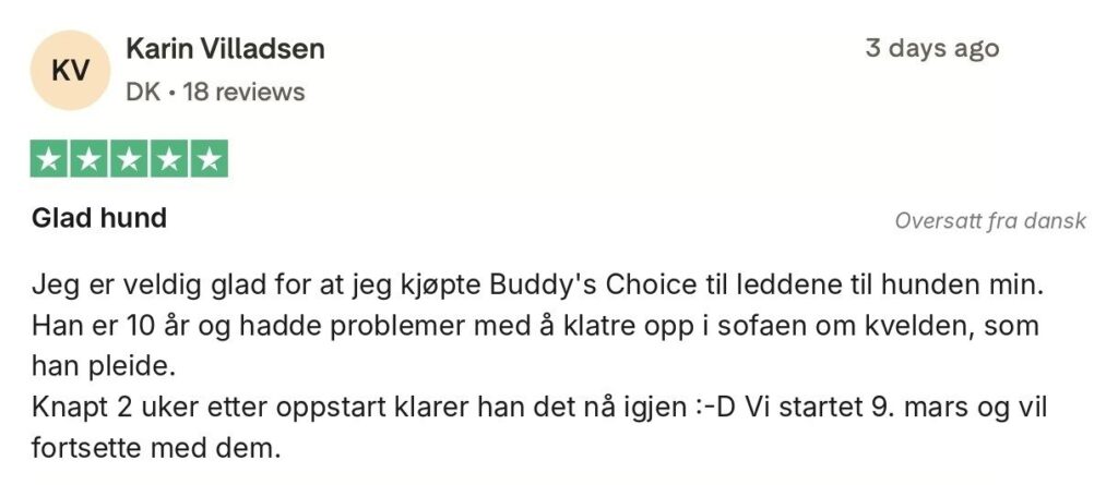 5-stjernet anmeldelse: Glad hund - ejer oplever forbedret hofte og led hos 10-årig hund efter Buddy's Choice