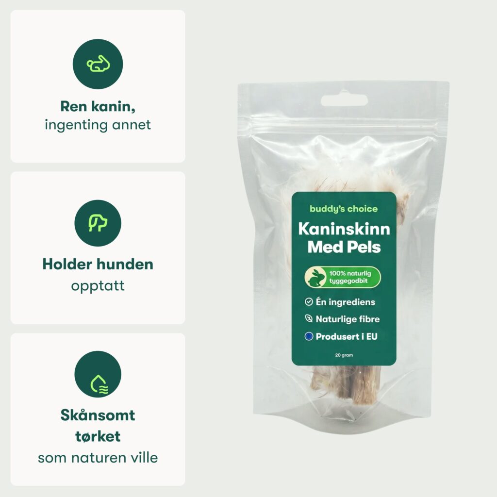 Gennemsigtig genlukkelig pose med tørret kaninskind med pels og grøn etiket