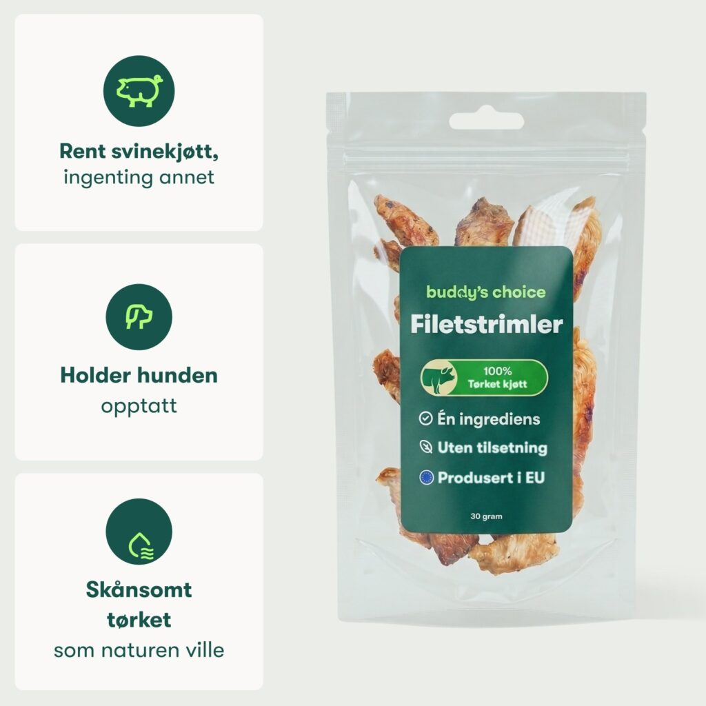 Genlukkelig pose med tørrede svinefiletstrimler til hunde med grøn etiket