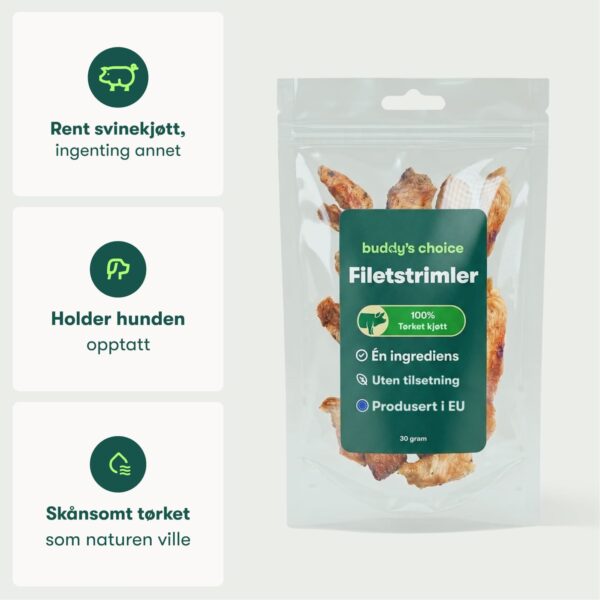 Genlukkelig pose med tørrede svinefiletstrimler til hunde med grøn etiket