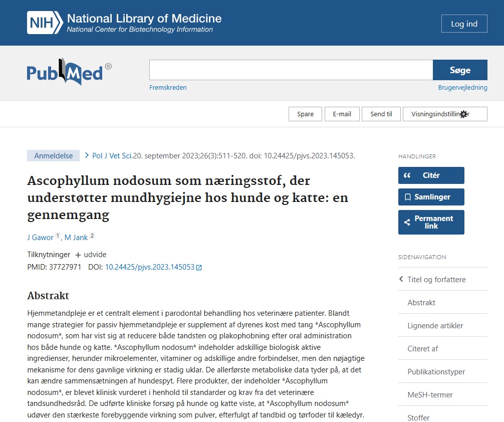 PubMed-side fra National Library of Medicine med artikel om Ascophyllum nodosum og mundhygiejne hos hunde og katte