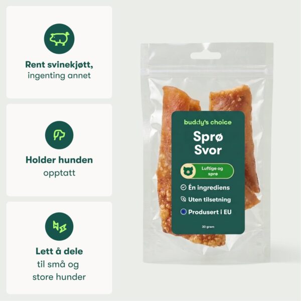 Gennemsigtig pose med Sprøde Svær hundesnack fra buddy's choice, én ingrediens uden tilsætning