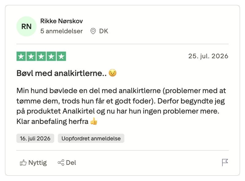 Trustpilot-anmeldelse om hundens problemer med analkirtler, produkt løste problemet og anbefales