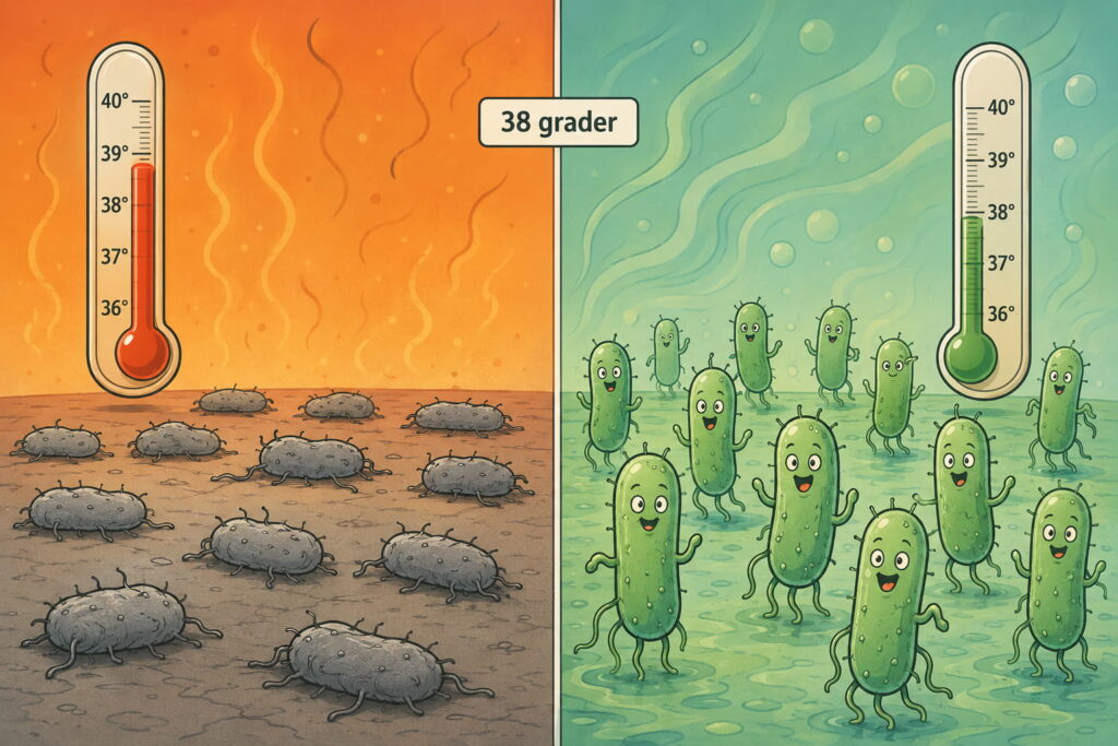 Opdelt illustration ved 38 grader: tør, varm side med døde bakterier og våd, grøn side med levende glade bakterier