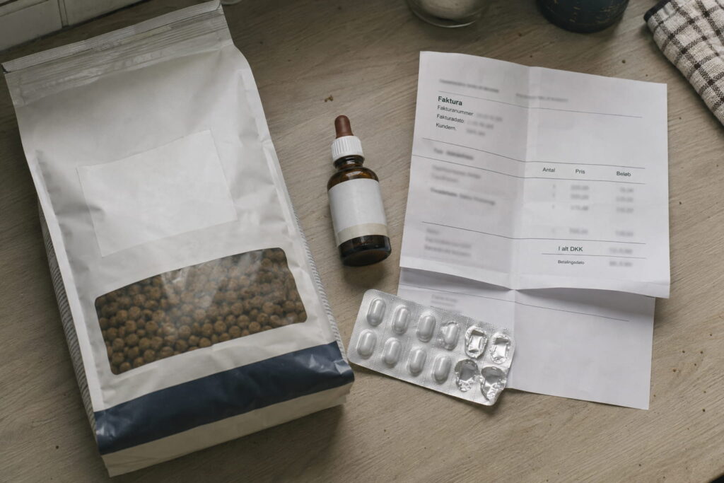 pose med dyrefoder, medicinflaske, tabletblister og udskrevet faktura på træbord