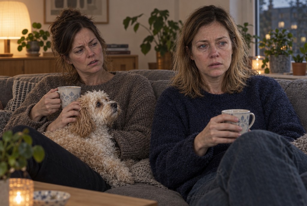 To triste kvinder med krus på sofaen, lille krøllet hund i skødet og dæmpet stuebelysning