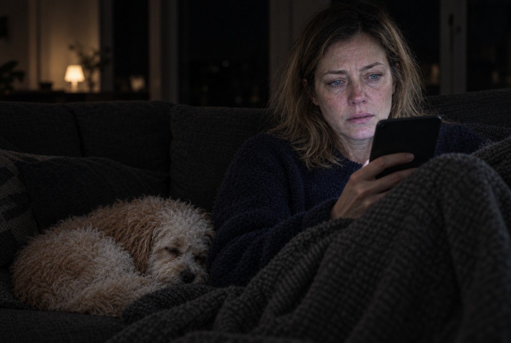 Sorgfuld kvinde på sofa om natten ser på telefon, lille krøllet hund sover ved siden af.