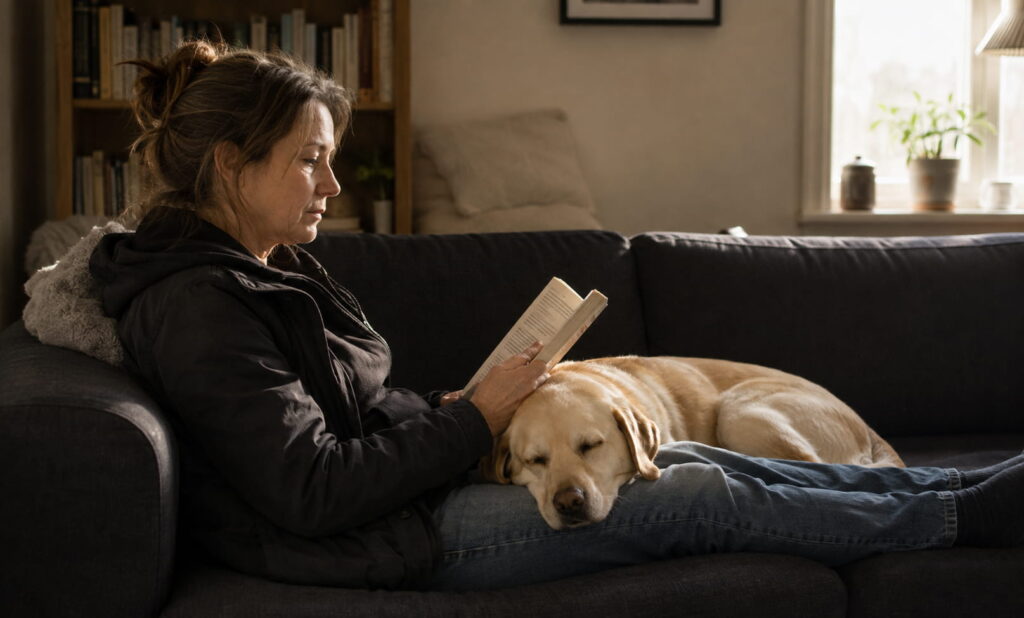 Kvinde sidder på sofaen og læser, gul labrador sover fredeligt med hovedet på hendes skød