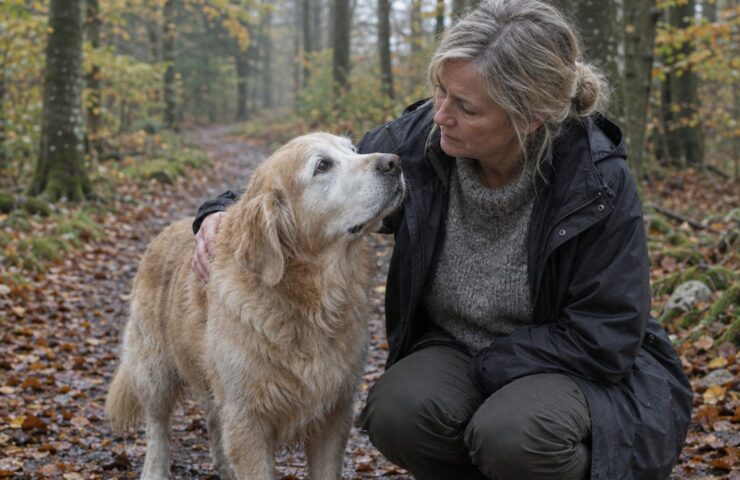 Kvinde klapper golden retriever på skovsti dækket af efterårsblade