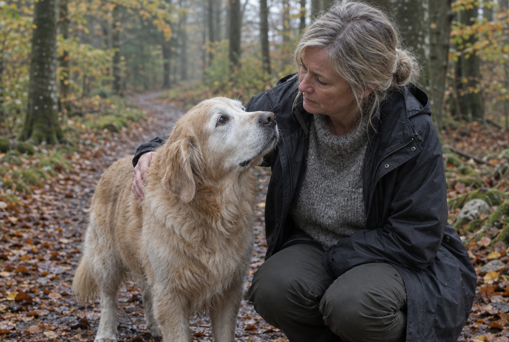 Kvinde klapper golden retriever på skovsti dækket af efterårsblade