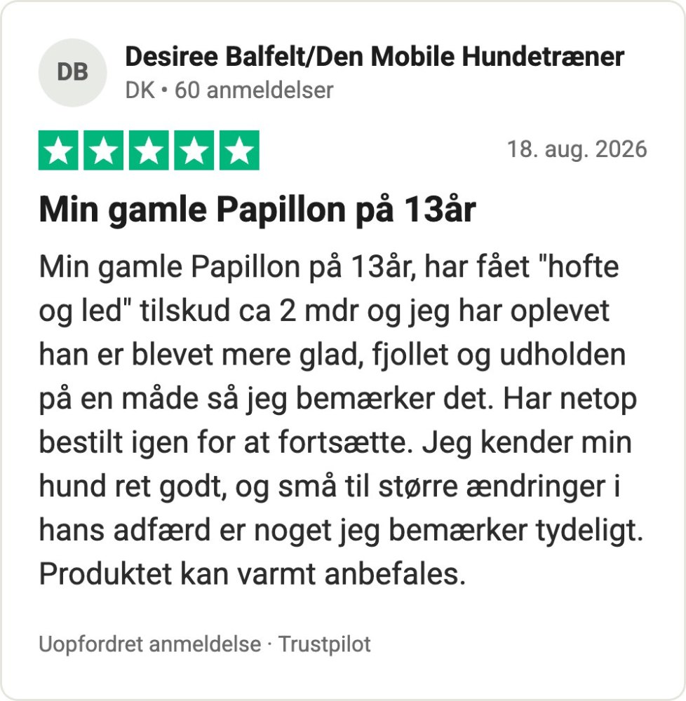 Trustpilot-anmeldelse af Hofte & Led fra Desiree Balfelt/Den Mobile Hundetræner