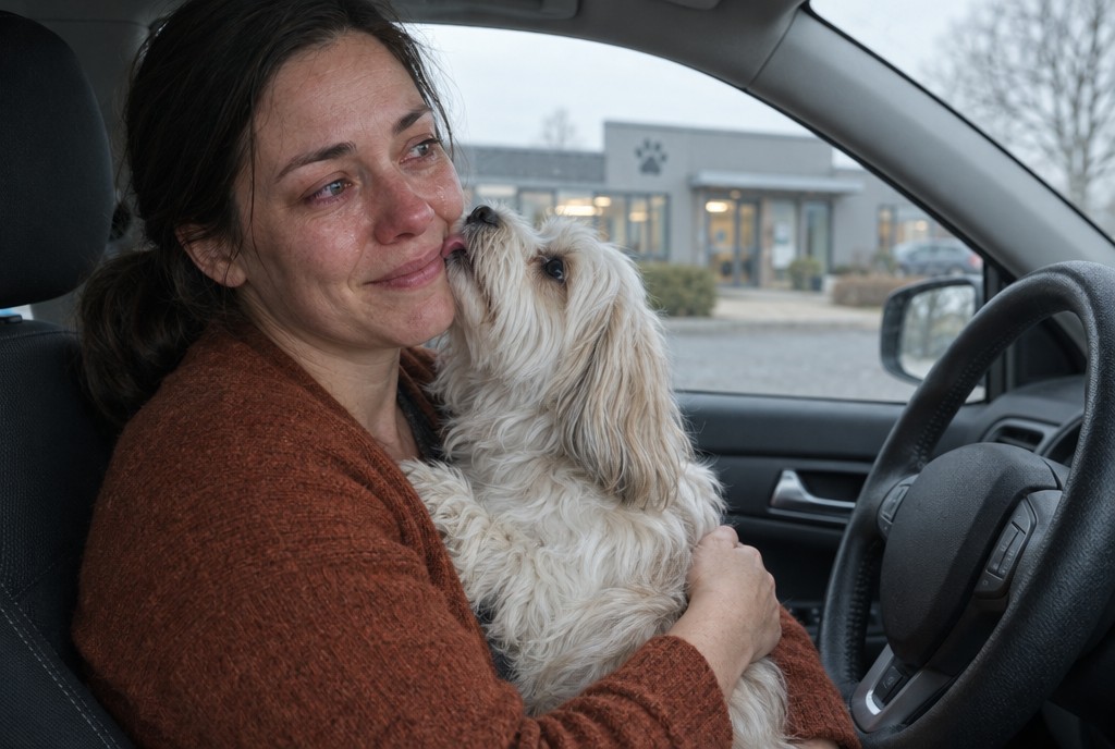 Tårevædet kvinde holder lille hvid hund, der slikker hendes kind i bilen uden for dyreklinik