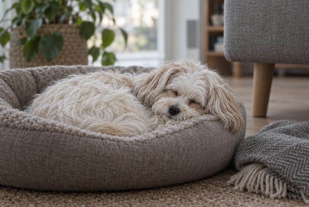 Søvnig cremefarvet lille hund krøllet sammen i blødt, rundt hundekurv i hyggelig stue