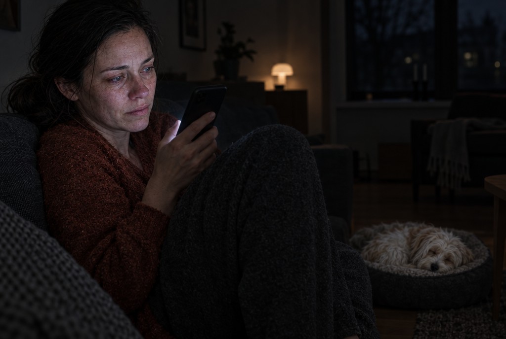Trist kvinde sidder i mørkt stuemiljø og læser på mobil, mens lille hund sover i sin kurv ved siden af