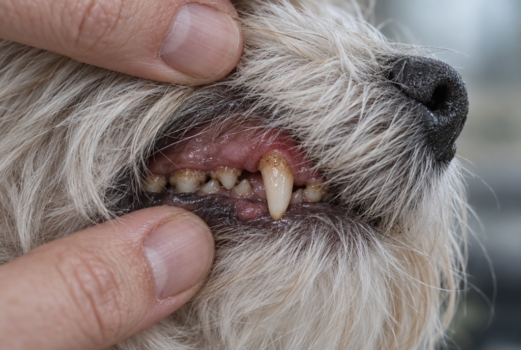 Hvid hund med kraftig tandsten og betændt tandkød, ejerens fingre løfter overlæben