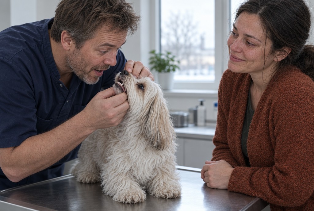 Dyrlæge undersøger tænder på lille hvid, krøllet hund på bordet mens ejer smilende ser til