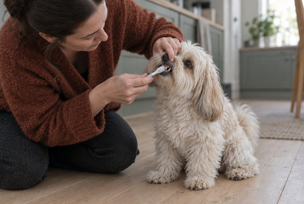 Kvinde børster tænder på lille krøllet beige hund i køkkenet